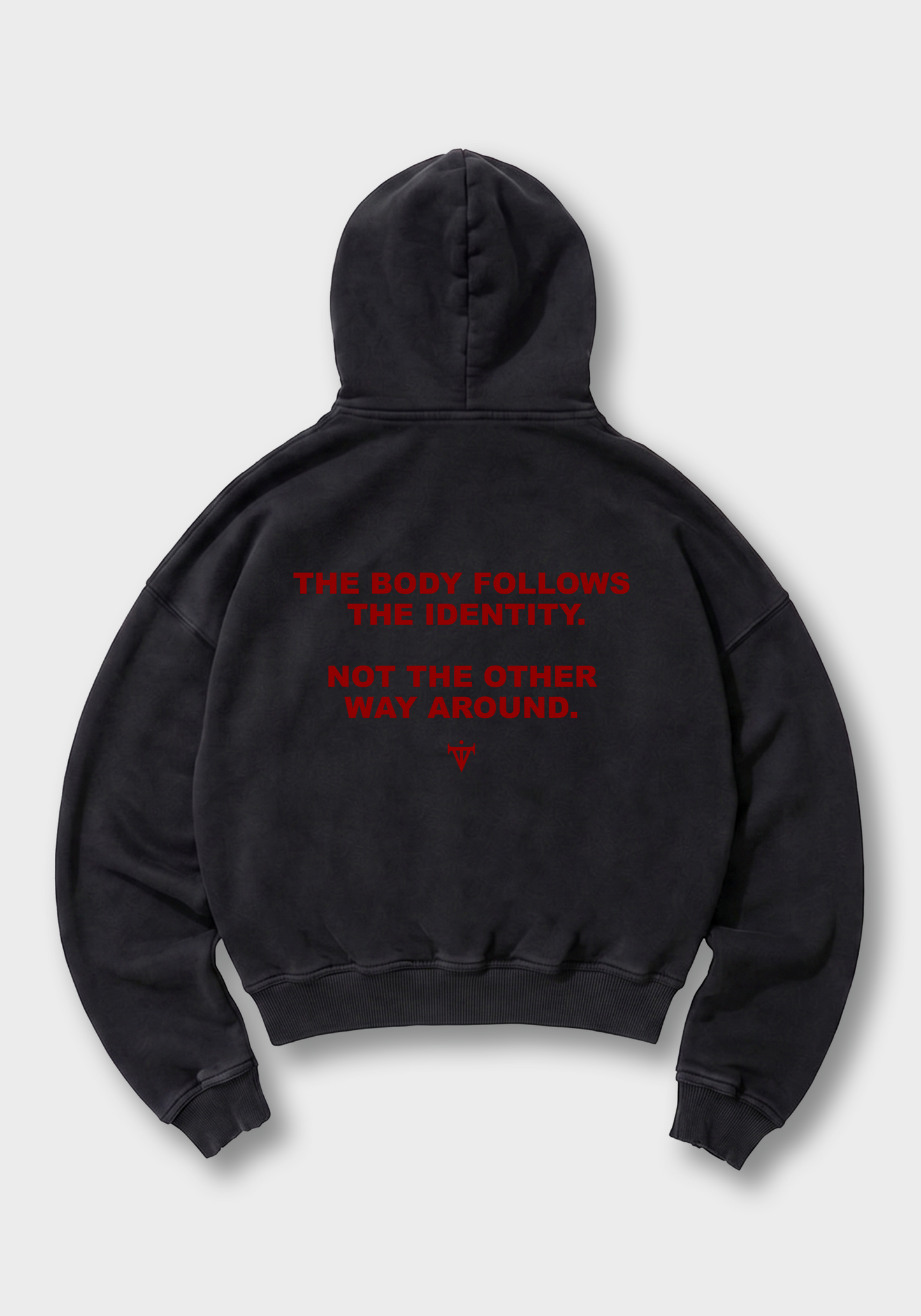 The body follows the identity Oversized Hoodie - Black Back (Designed)