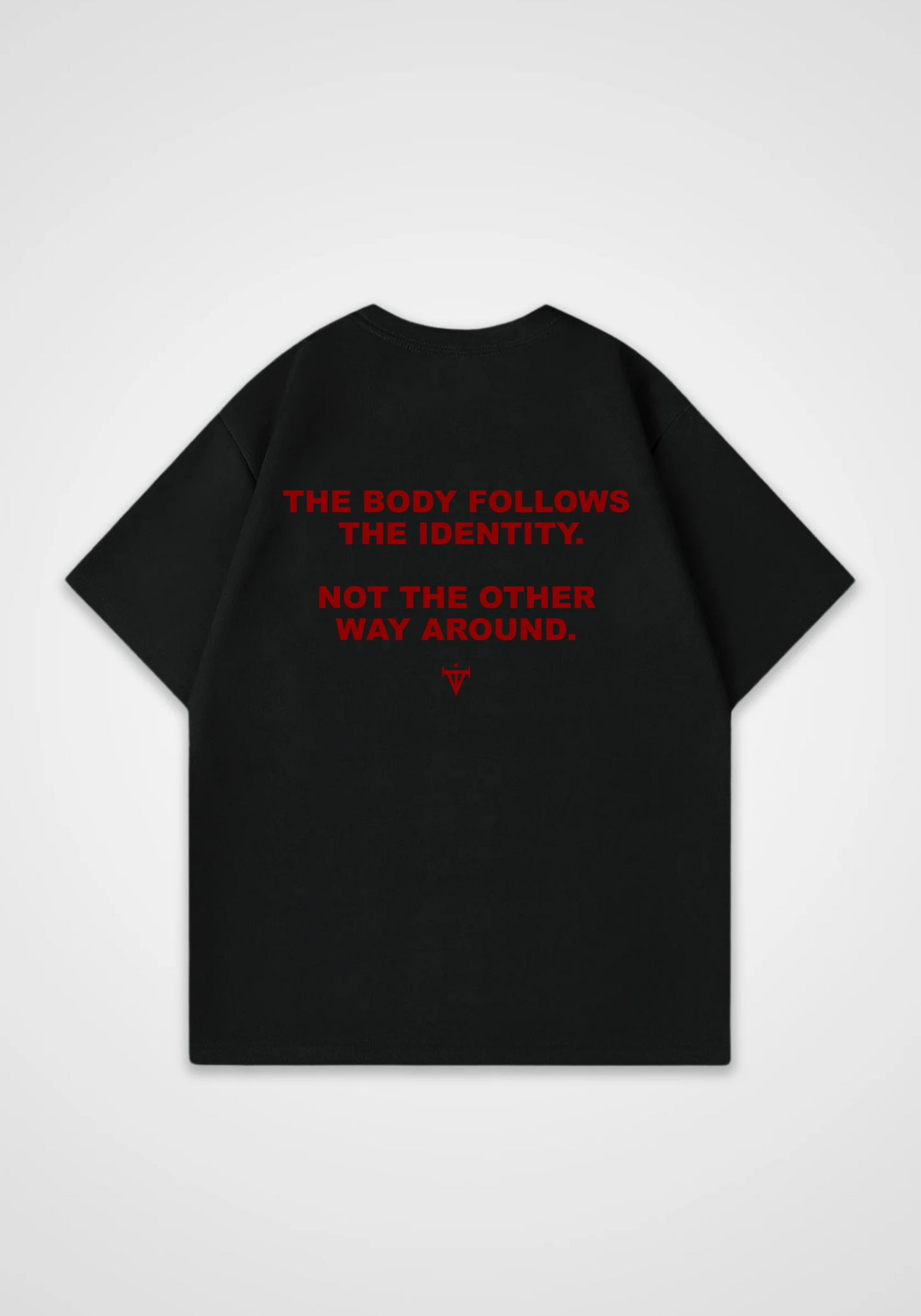 The body follows the identity Oversized Shirt - Black Back (Designed)