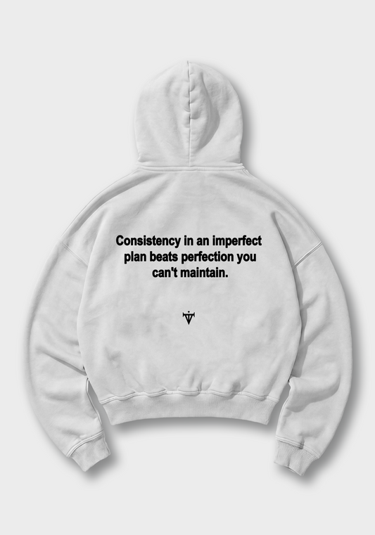 Consistency beats perfection Oversized Hoodie - White Back (Designed)